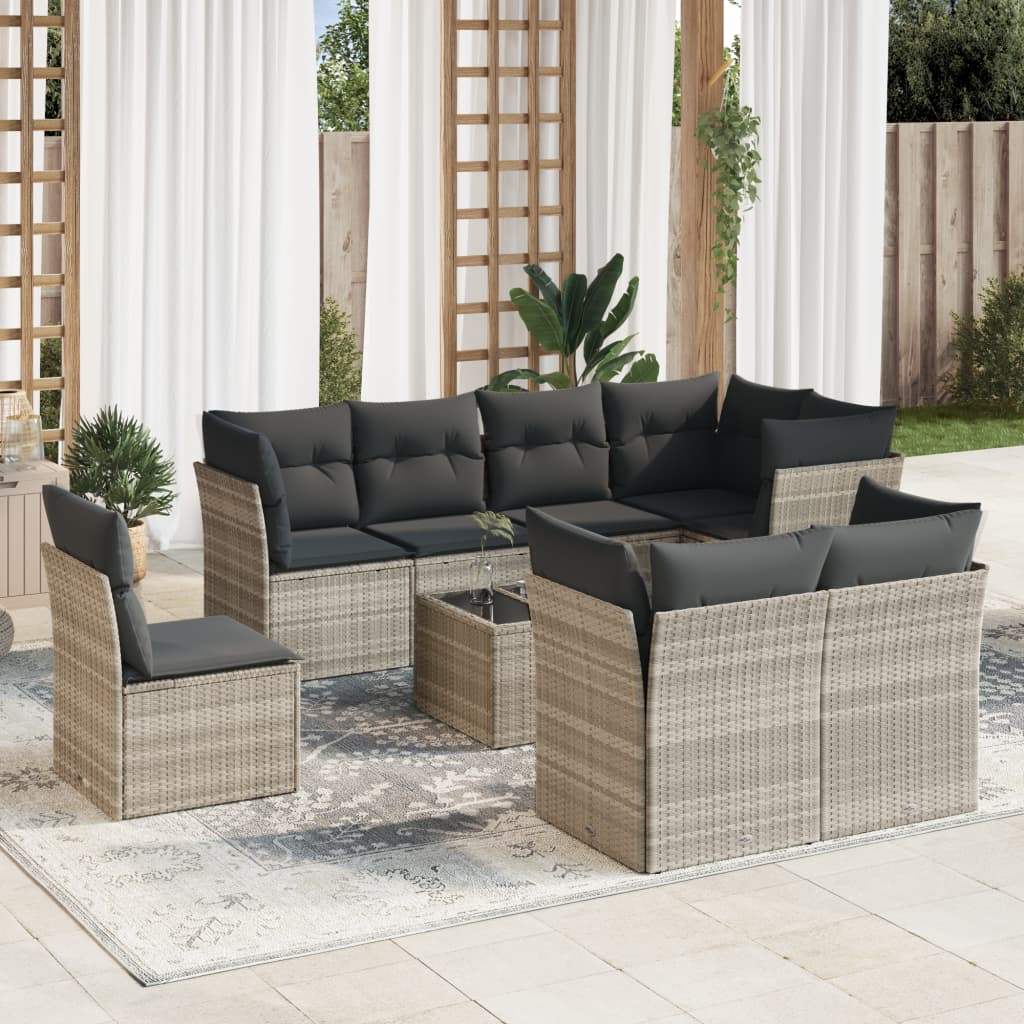 Set Divano da Giardino 9pz con Cuscini Grigio Chiaro Polyrattan - homemem39