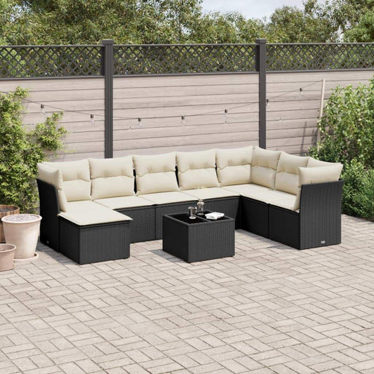 Set Divani da Giardino 9 pz con Cuscini Nero in Polyrattan - homemem39