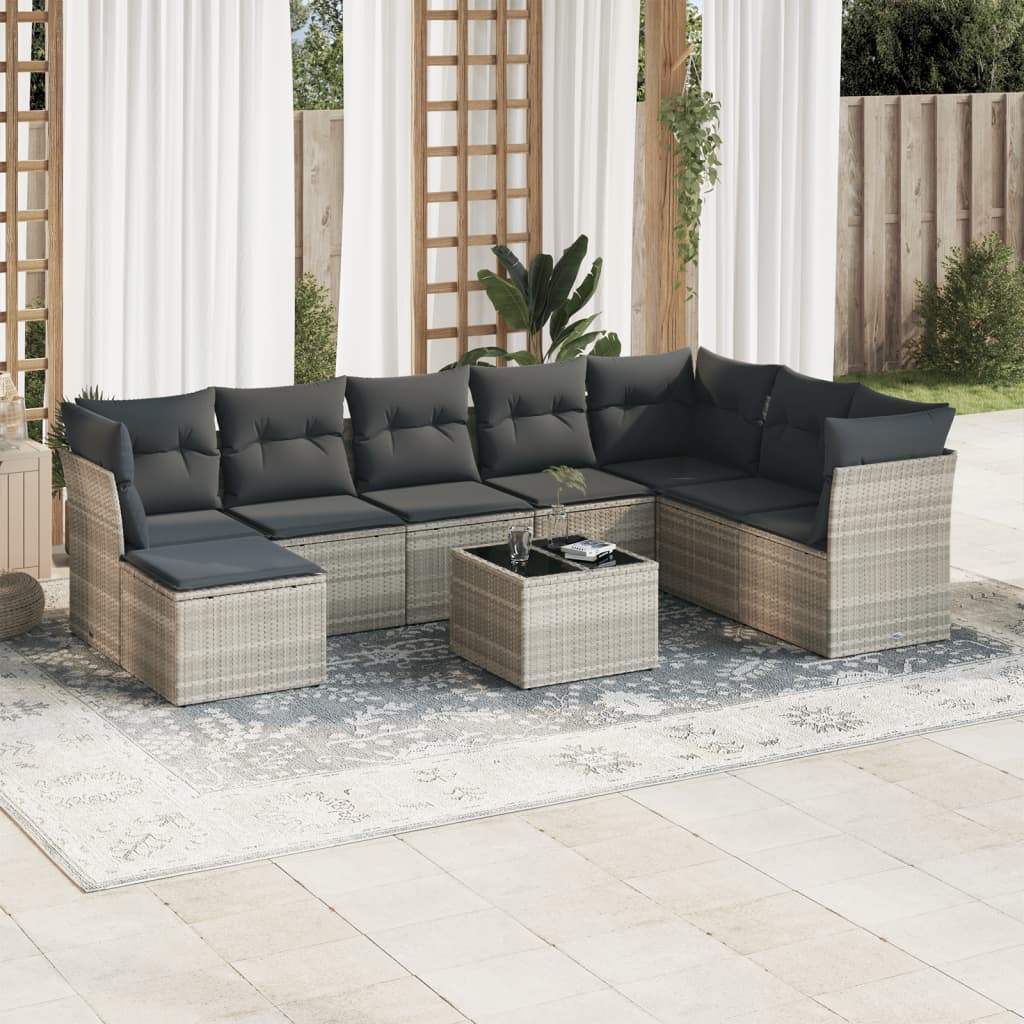 Set Divano da Giardino 9pz con Cuscini Grigio Chiaro Polyrattan - homemem39