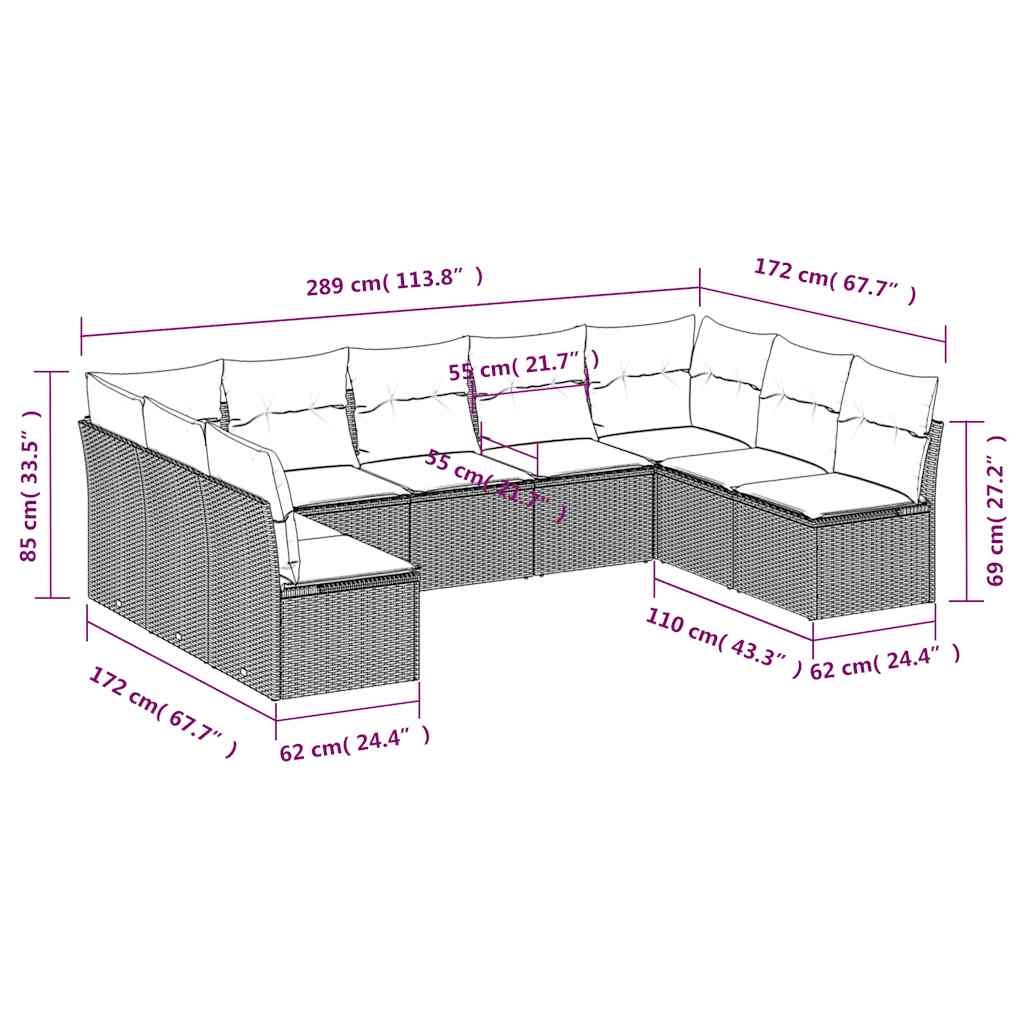 Set Divani da Giardino 9 pz con Cuscini Nero in Polyrattan | homemem39