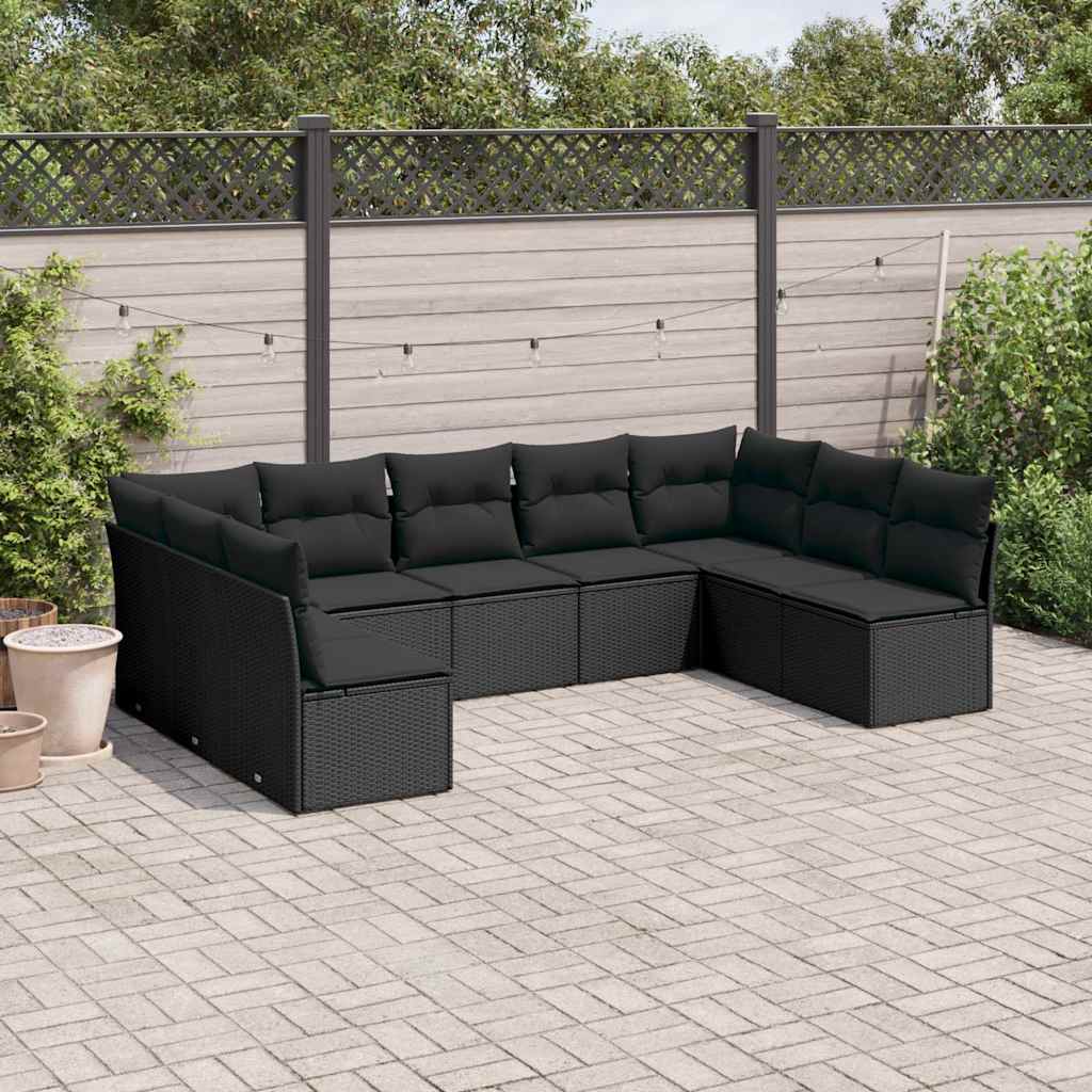 Set Divani da Giardino 9 pz con Cuscini Nero in Polyrattan | homemem39