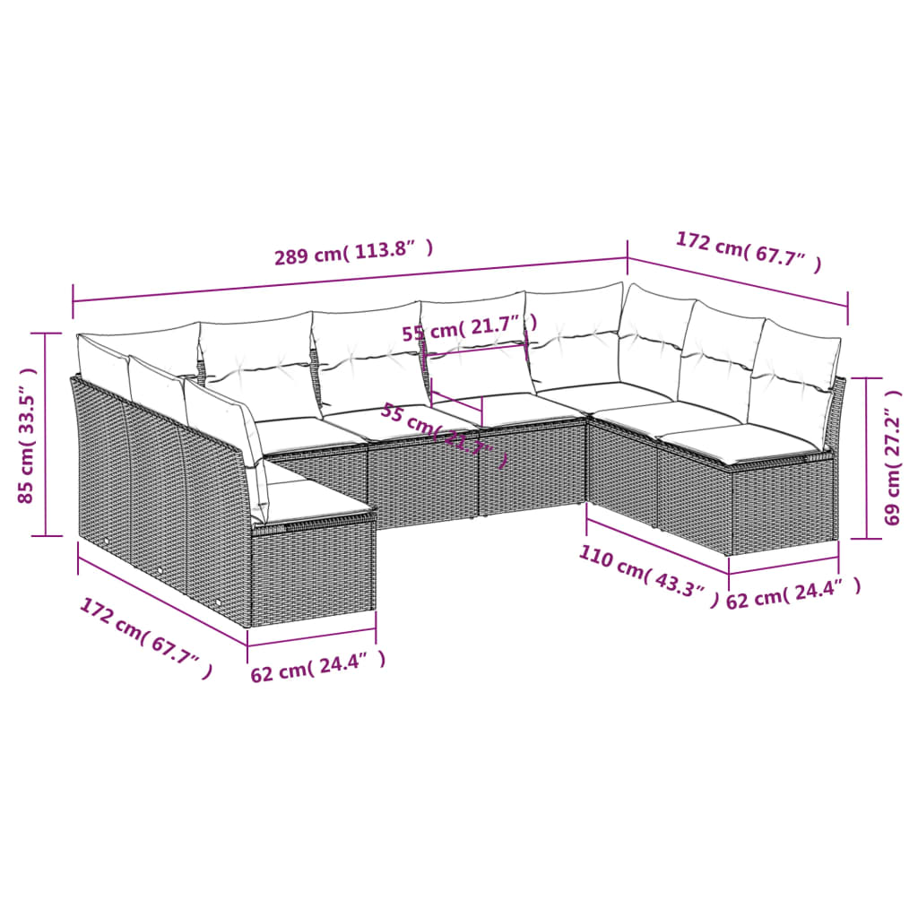 Set Divano da Giardino 9 pz con Cuscini Beige in Polyrattan | homemem39