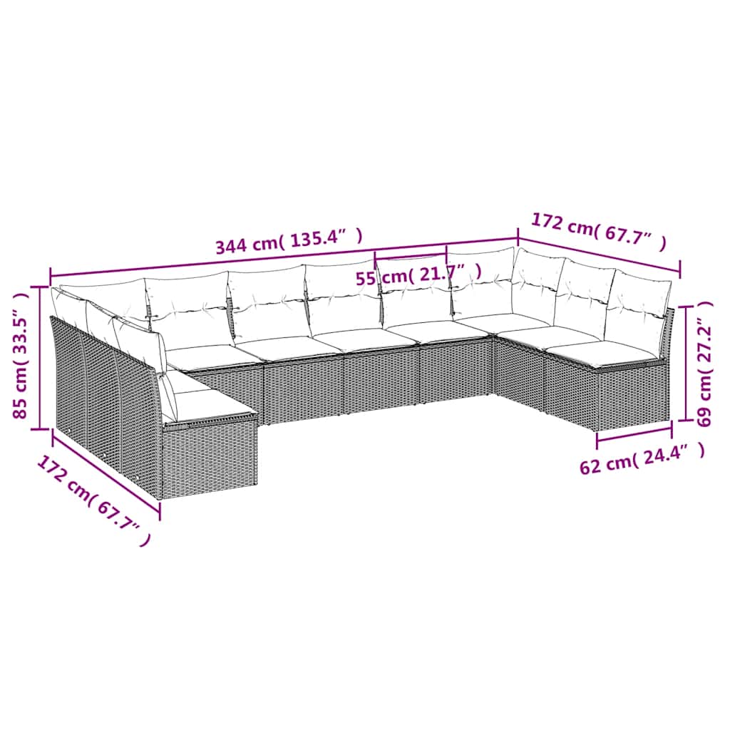 Set Divani da Giardino 10pz con Cuscini in Polyrattan Nero | homemem39