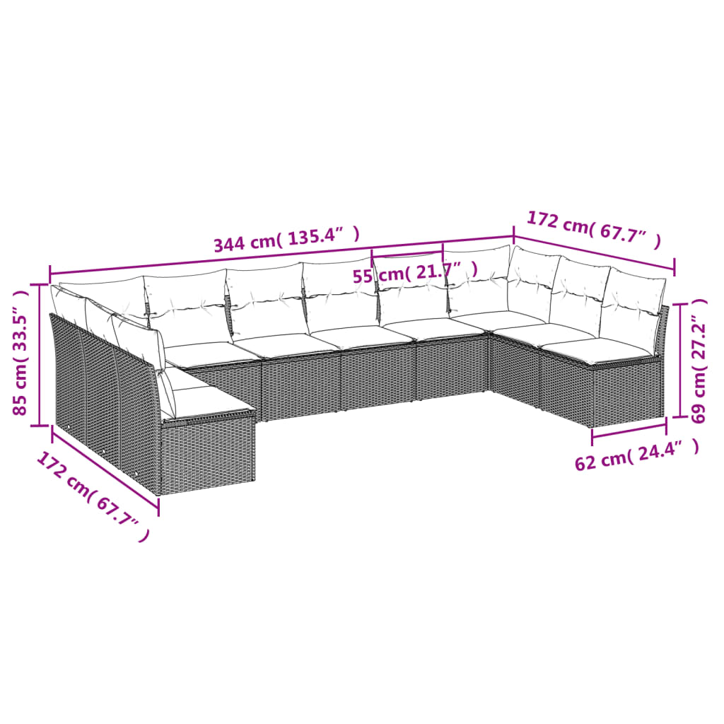 Set Divano da Giardino 10 pz con Cuscini Beige in Polyrattan | homemem39