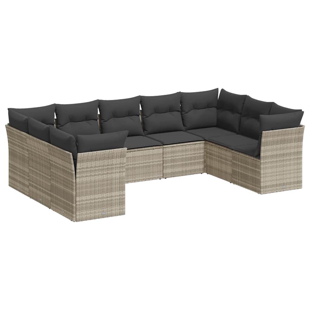 Set Divano da Giardino 9pz con Cuscini Grigio Chiaro Polyrattan