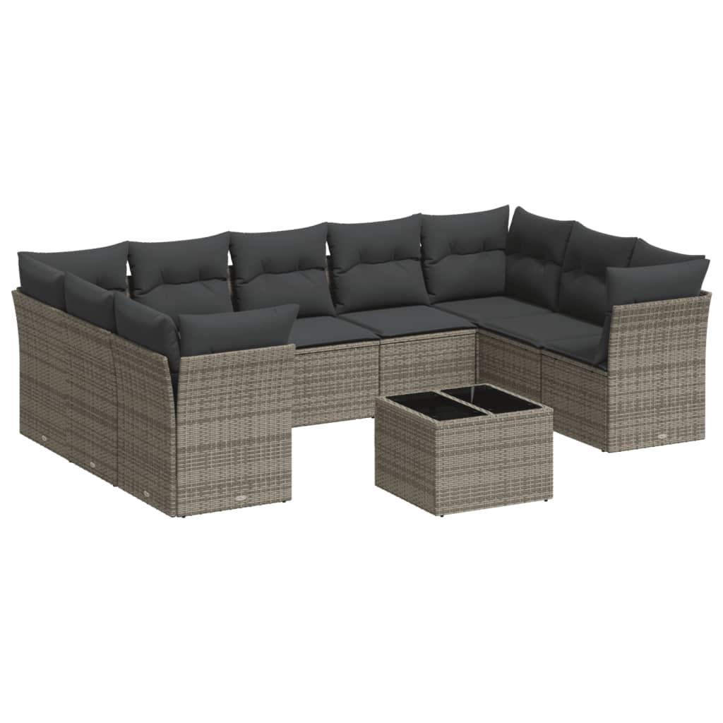 Set Divano da Giardino 10 pz con Cuscini Grigio in Polyrattan