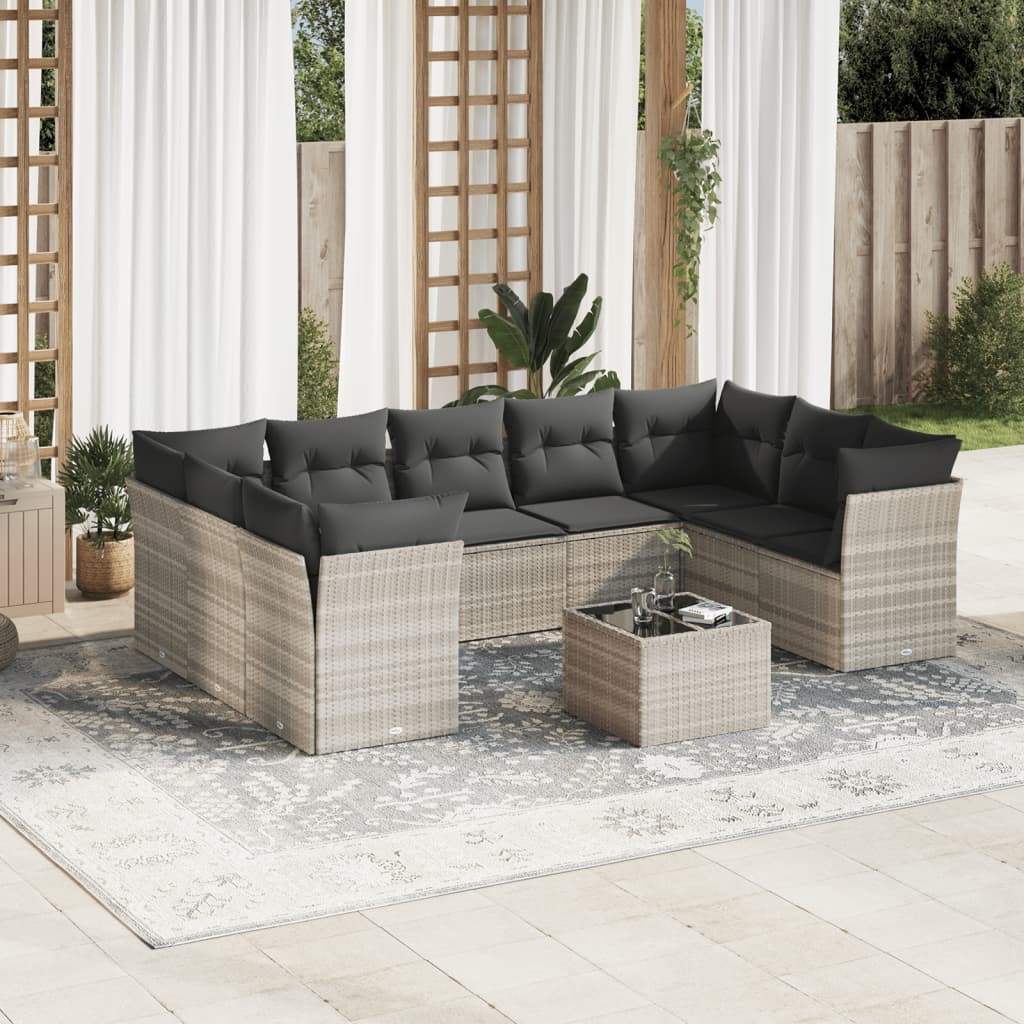 Set Divano Giardino 10 pz con Cuscini Grigio Chiaro Polyrattan - homemem39