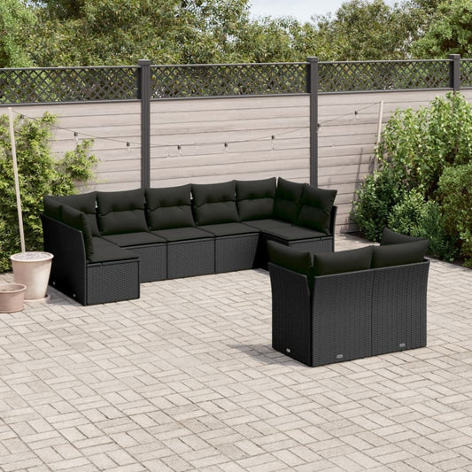 Set Divani da Giardino 9 pz con Cuscini Nero in Polyrattan | homemem39