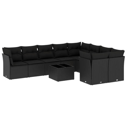 Set Divani da Giardino 10pz con Cuscini in Polyrattan Nero