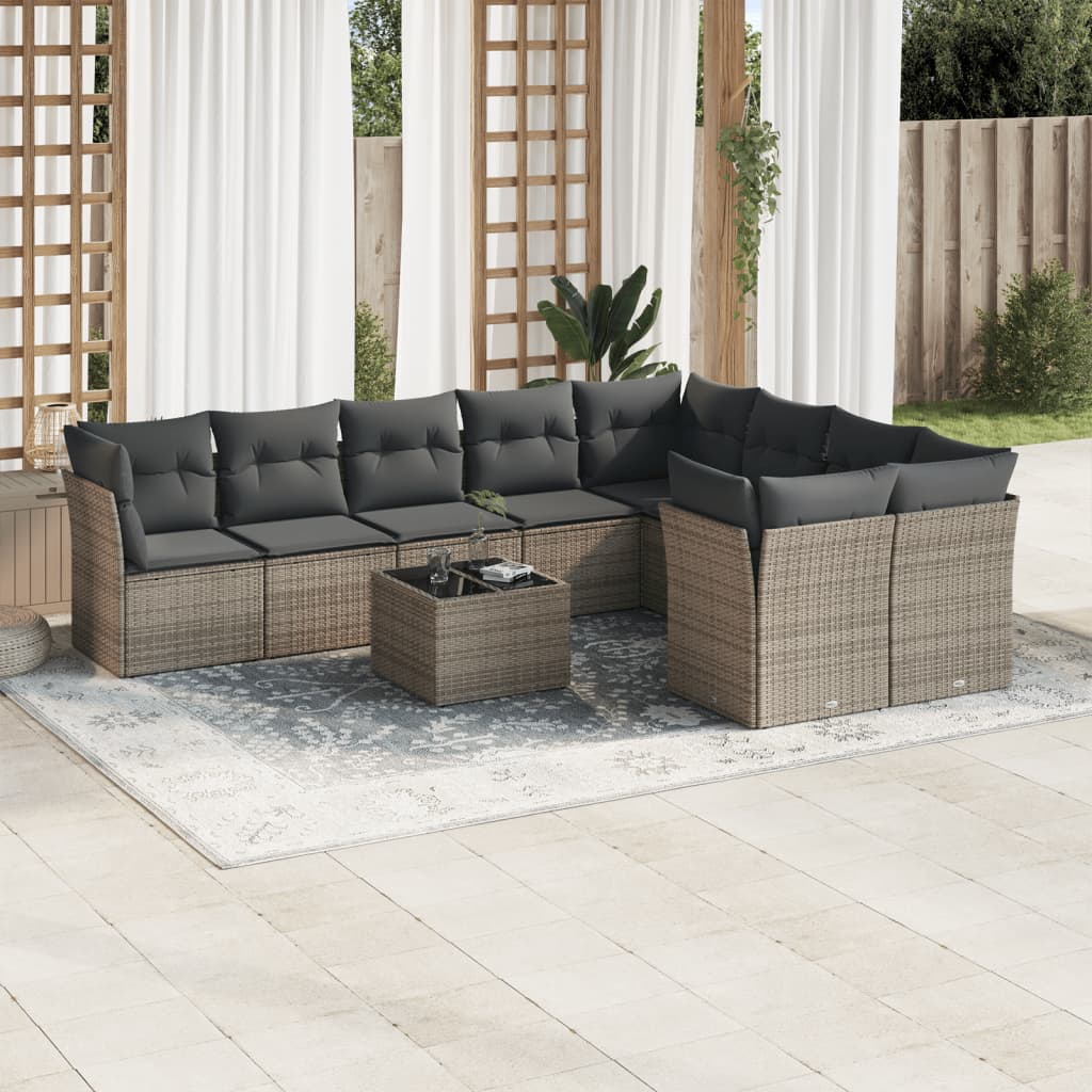 Set Divano da Giardino 10 pz con Cuscini Grigio in Polyrattan