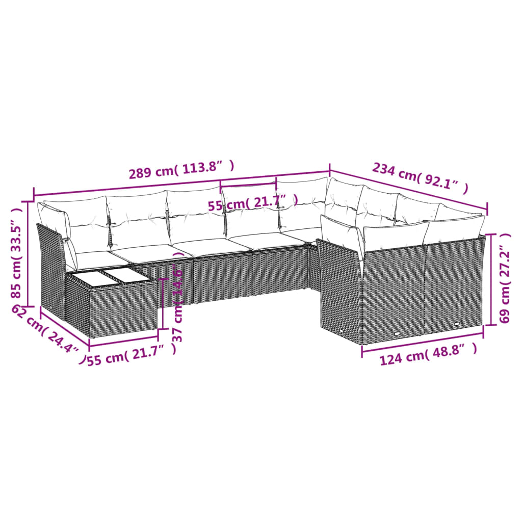 Set Divani da Giardino 10pz con Cuscini in Polyrattan Nero | homemem39