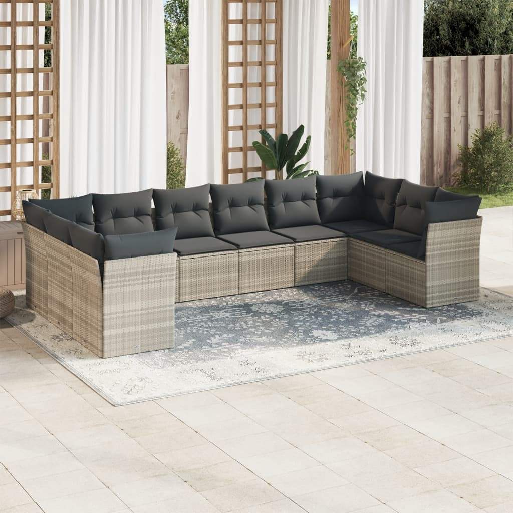 Set Divano Giardino 10 pz con Cuscini Grigio Chiaro Polyrattan - homemem39