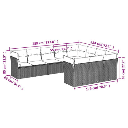 Set Divani da Giardino 10pz con Cuscini in Polyrattan Nero