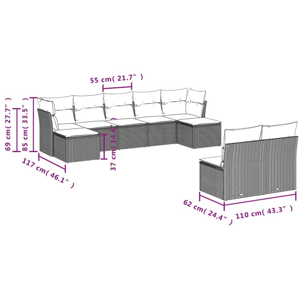 Set Divani da Giardino 9 pz con Cuscini Nero in Polyrattan | homemem39