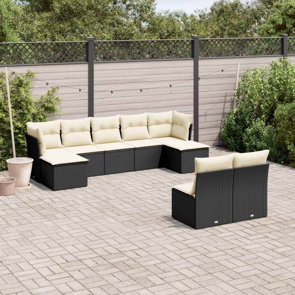 Set Divani da Giardino 9 pz con Cuscini Nero in Polyrattan - homemem39
