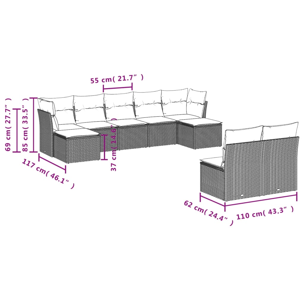 Set Divano da Giardino 9 pz con Cuscini Beige in Polyrattan | homemem39
