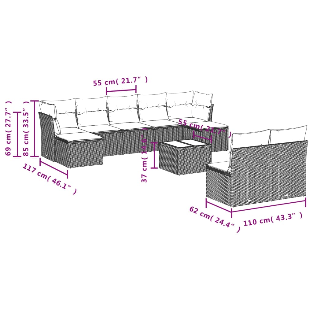 Set Divano da Giardino 10 pz con Cuscini Beige in Polyrattan | homemem39