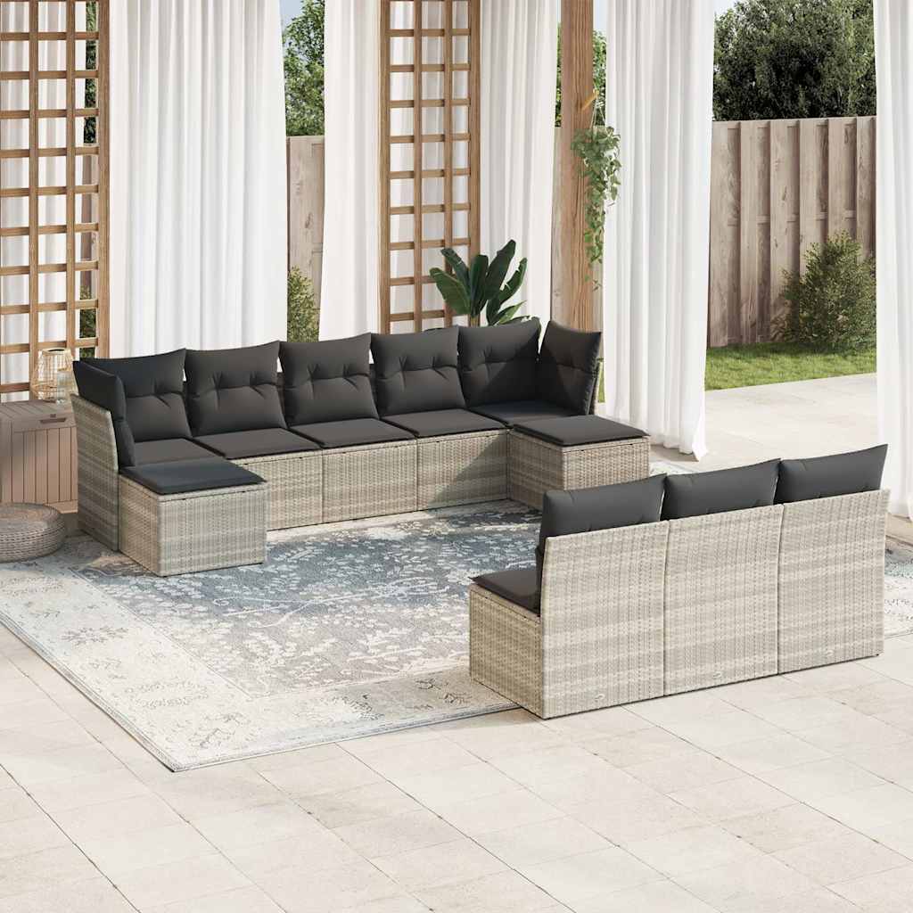 Set Divano Giardino 10 pz con Cuscini Grigio Chiaro Polyrattan