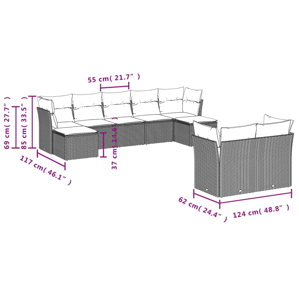 Set Divano da Giardino 9 pz con Cuscini Beige in Polyrattan | homemem39
