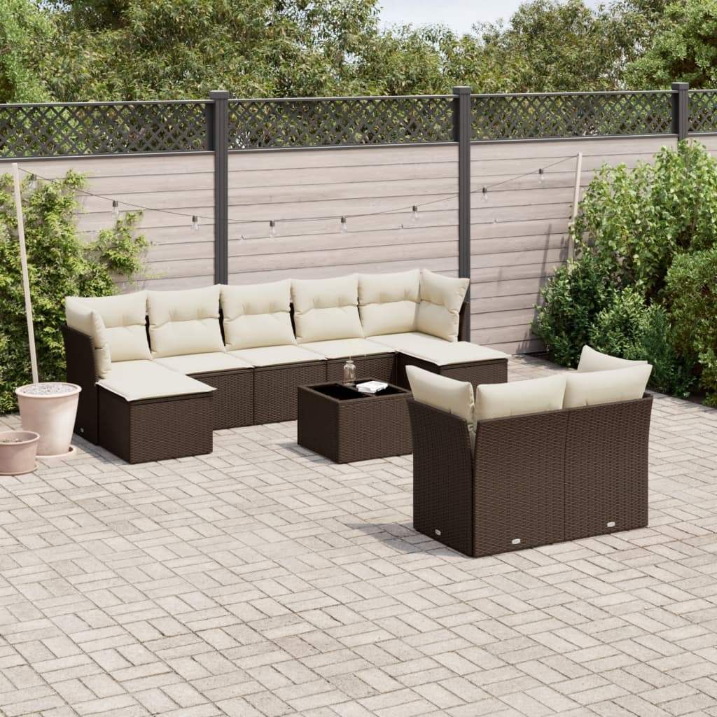 Set Divani da Giardino 10pz con Cuscini in Polyrattan Marrone - homemem39