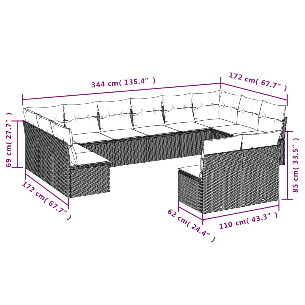 Set Divani da Giardino 12 pz con Cuscini Beige in Polyrattan | homemem39