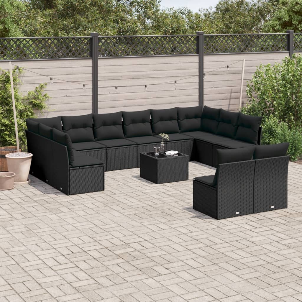 Set Divani da Giardino 13pz con Cuscini Nero in Polyrattan