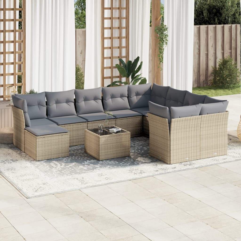 Set Divani da Giardino 11 pz con Cuscini Beige in Polyrattan - homemem39