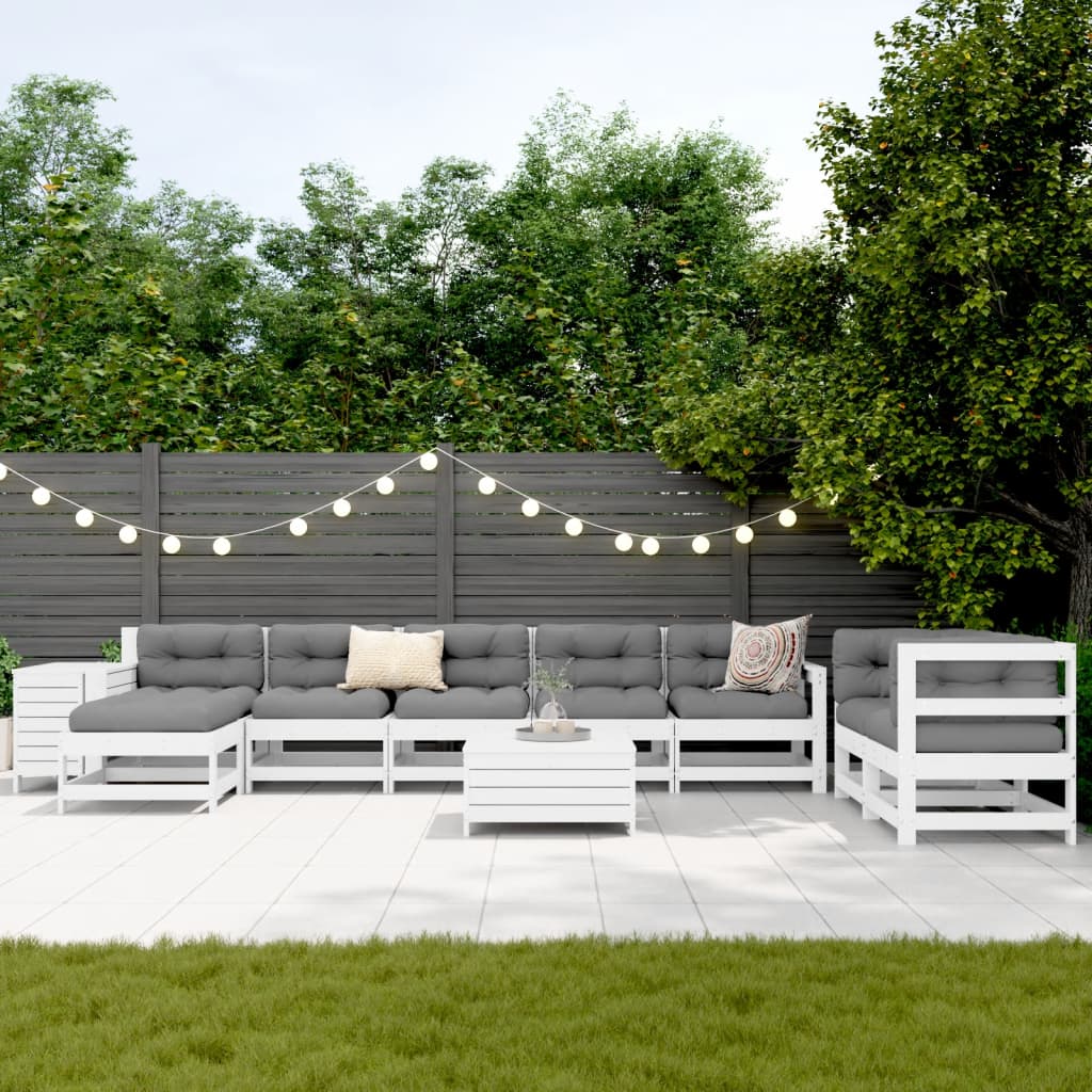 Set Divani da Giardino 10 pz Bianco in Legno Massello di Pino