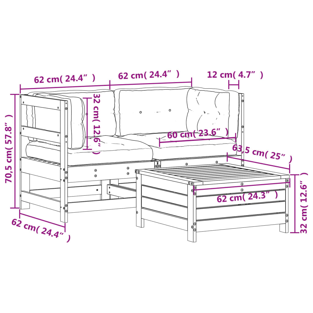 Set Divani da Giardino 3pz con Cuscini Legno Impregnato di Pino