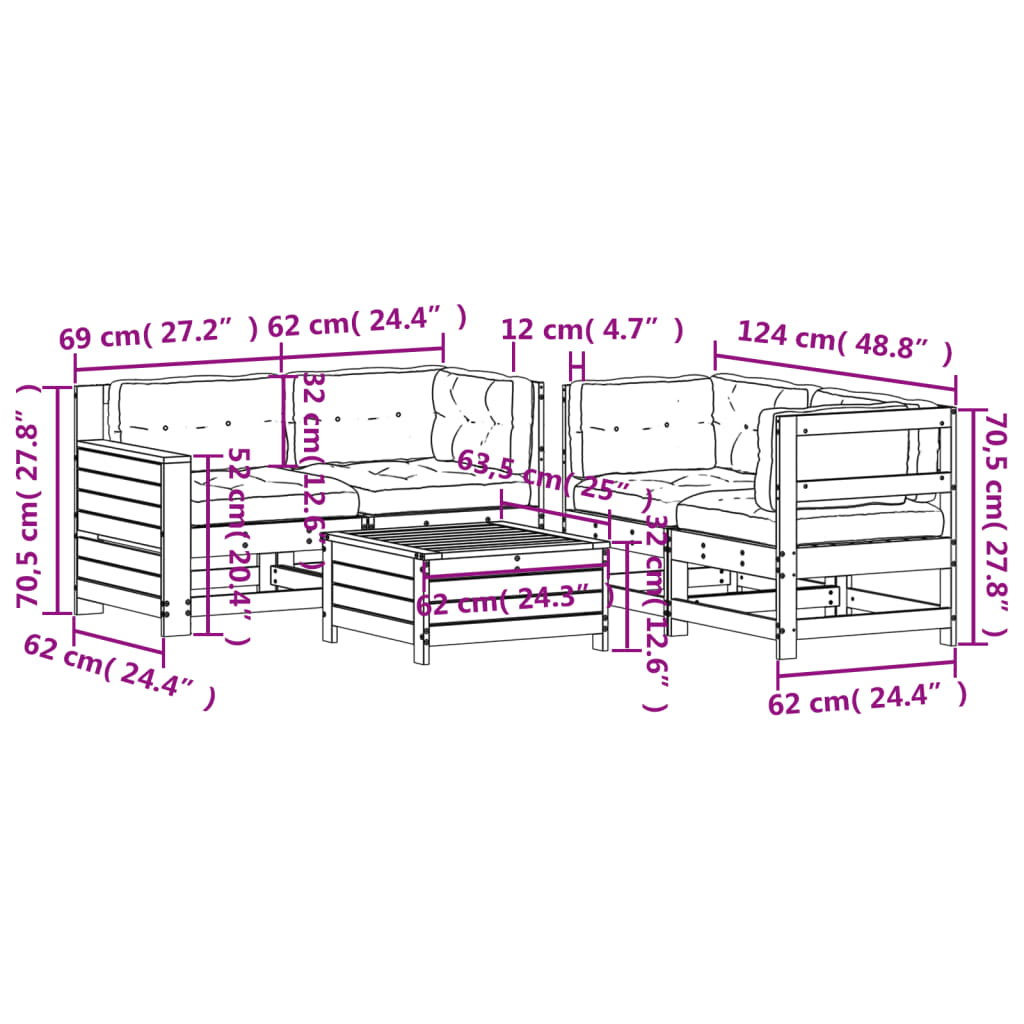 Set Divani Giardino 6 pz con Cuscini in Legno Massello di Pino | homemem39