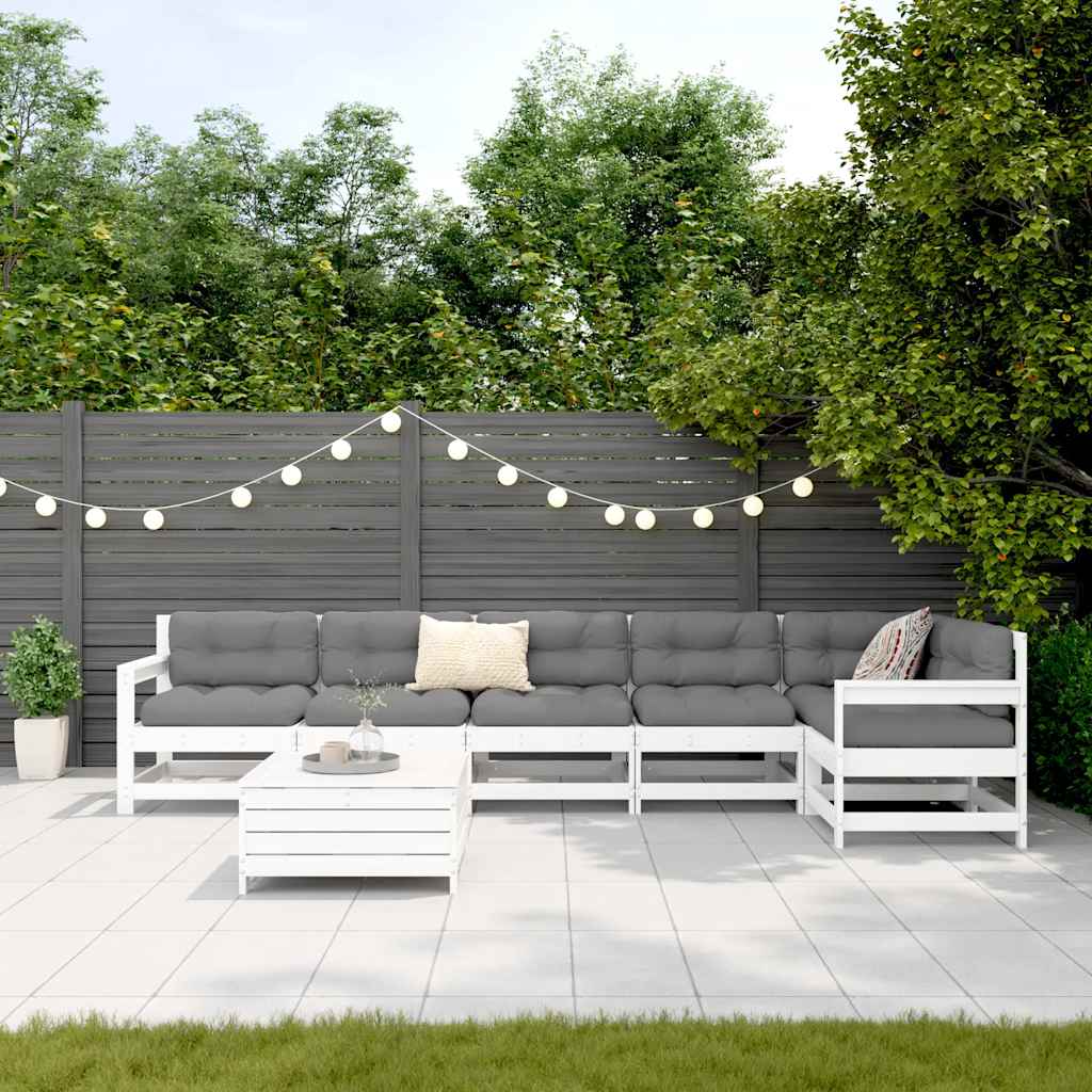 Set Divani da Giardino 7 pz Bianco in Legno Massello di Pino