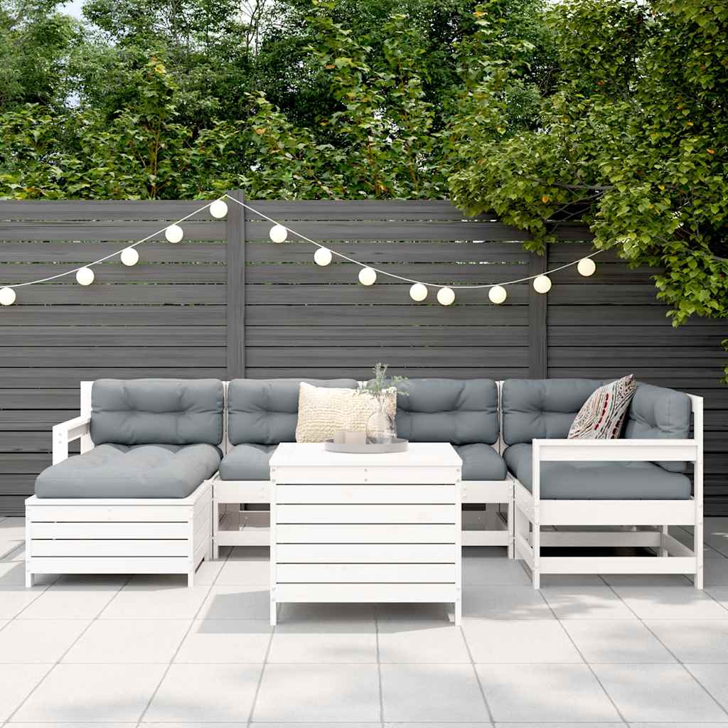 Set Divani da Giardino 7 pz Bianco in Legno Massello di Pino