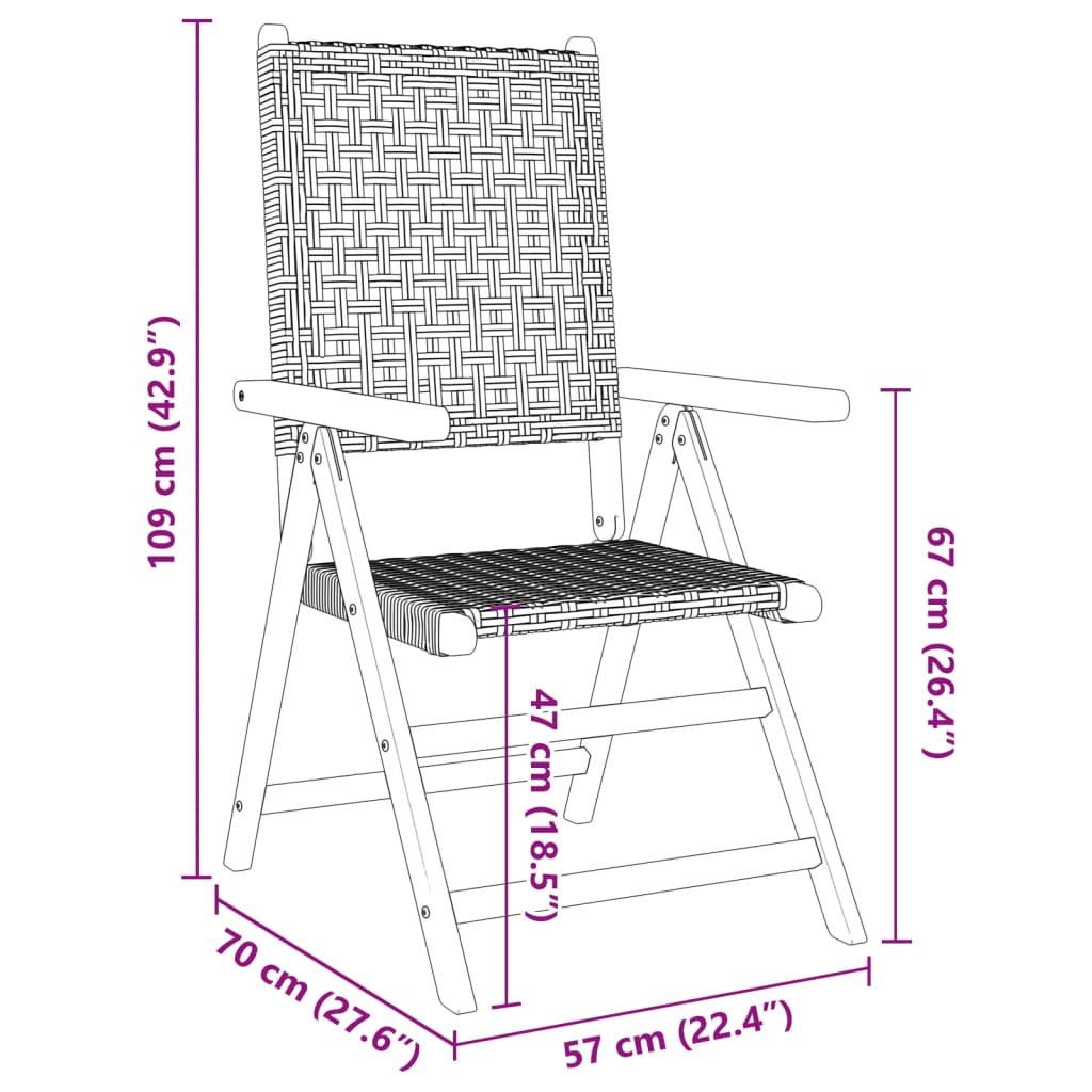 Sedie Giardino Reclinabili 6pz Nere Polyrattan e Legno Massello