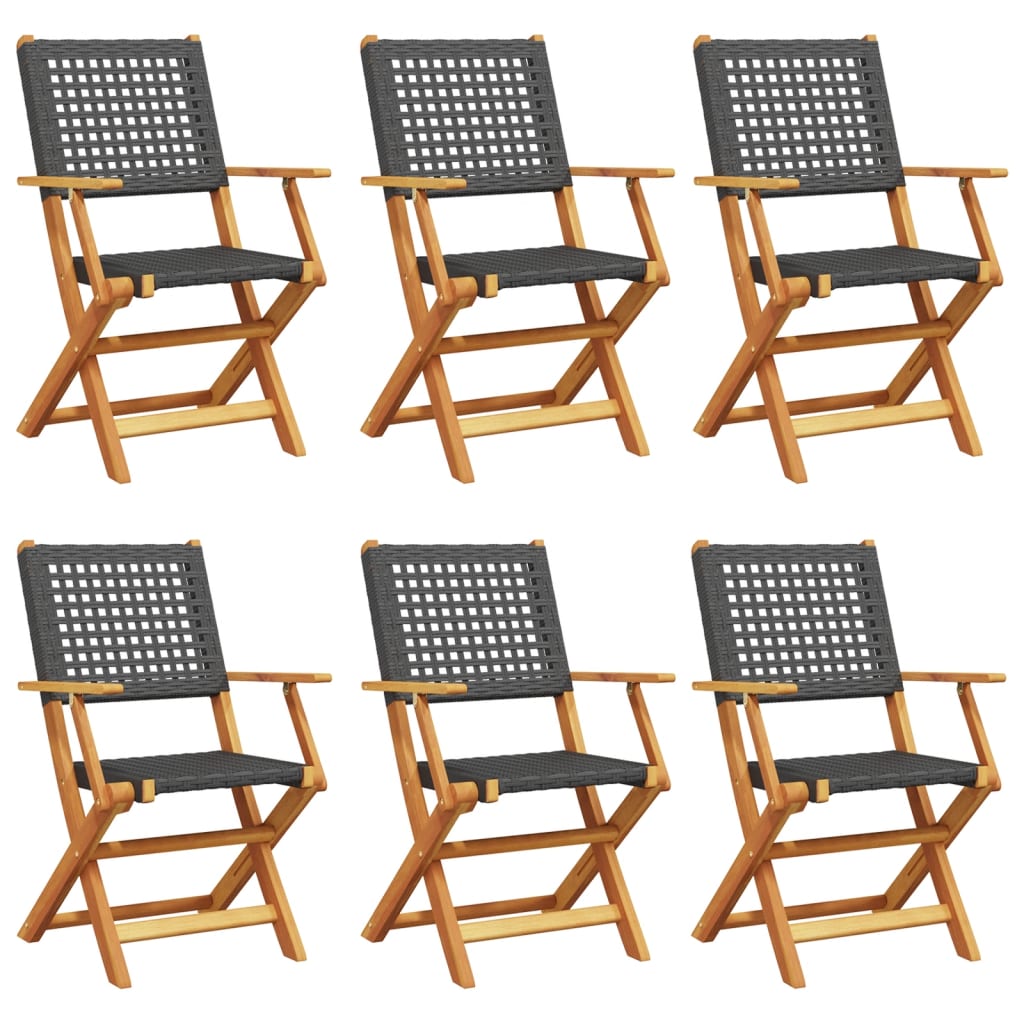 Folding Garden Chairs 6 pcs Black Polyrattan and Solid Wood