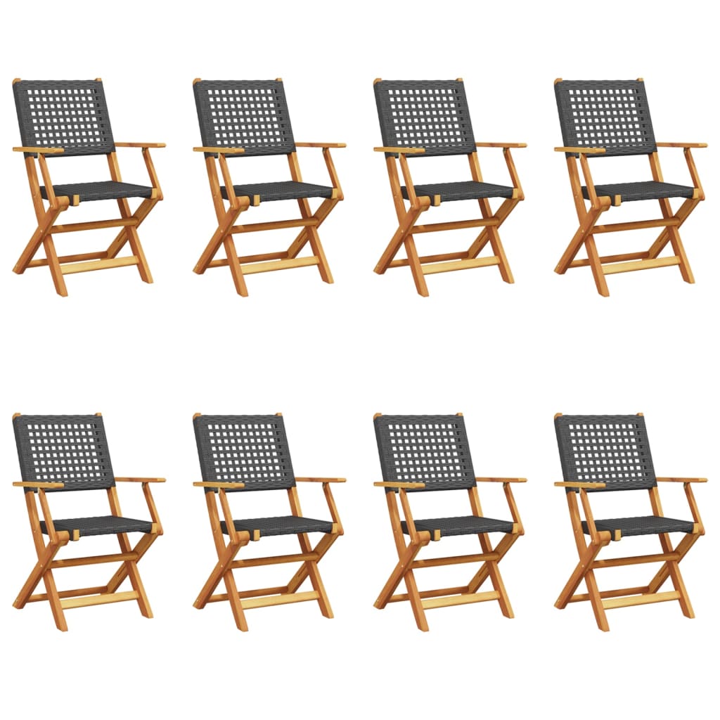 Folding Garden Chairs 8 pcs Black Polyrattan and Solid Wood