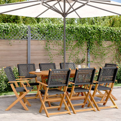 Folding Garden Chairs 8 pcs Black Polyrattan and Solid Wood