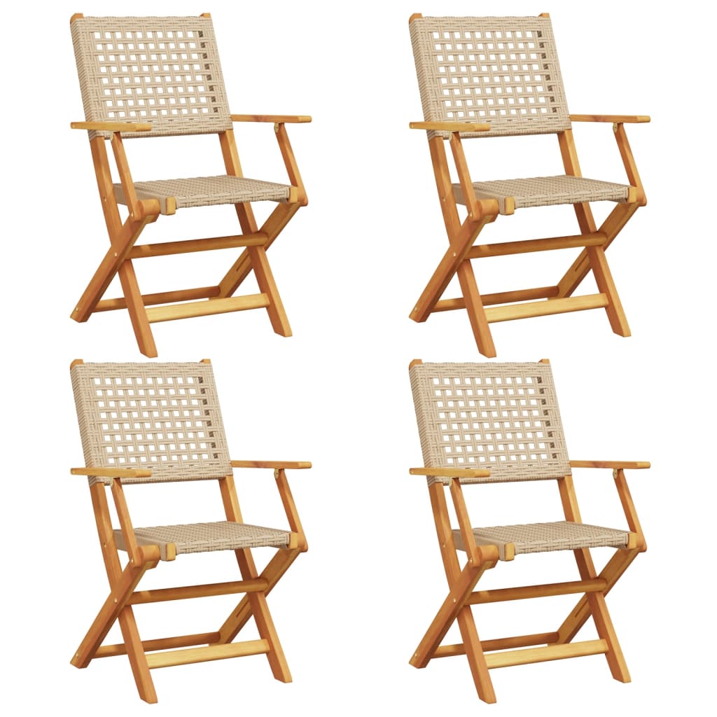 Folding Garden Chairs 4pcs Beige Poly Rattan and Solid Wood