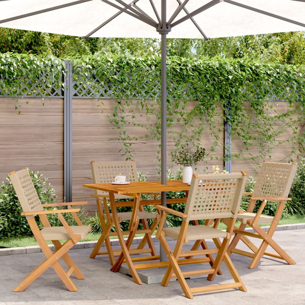 Folding Garden Chairs 4pcs Beige Poly Rattan and Solid Wood