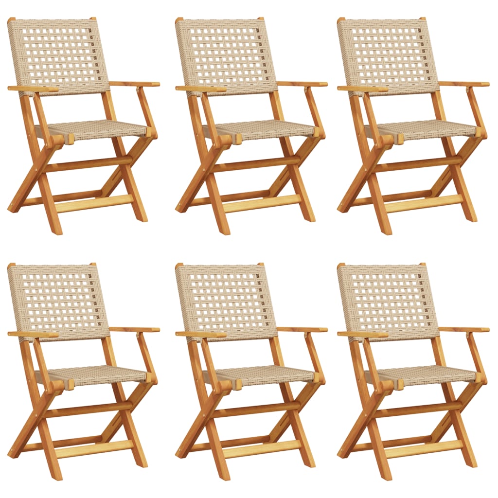 Folding Garden Chairs 6pcs Beige Polyrattan and Solid Wood