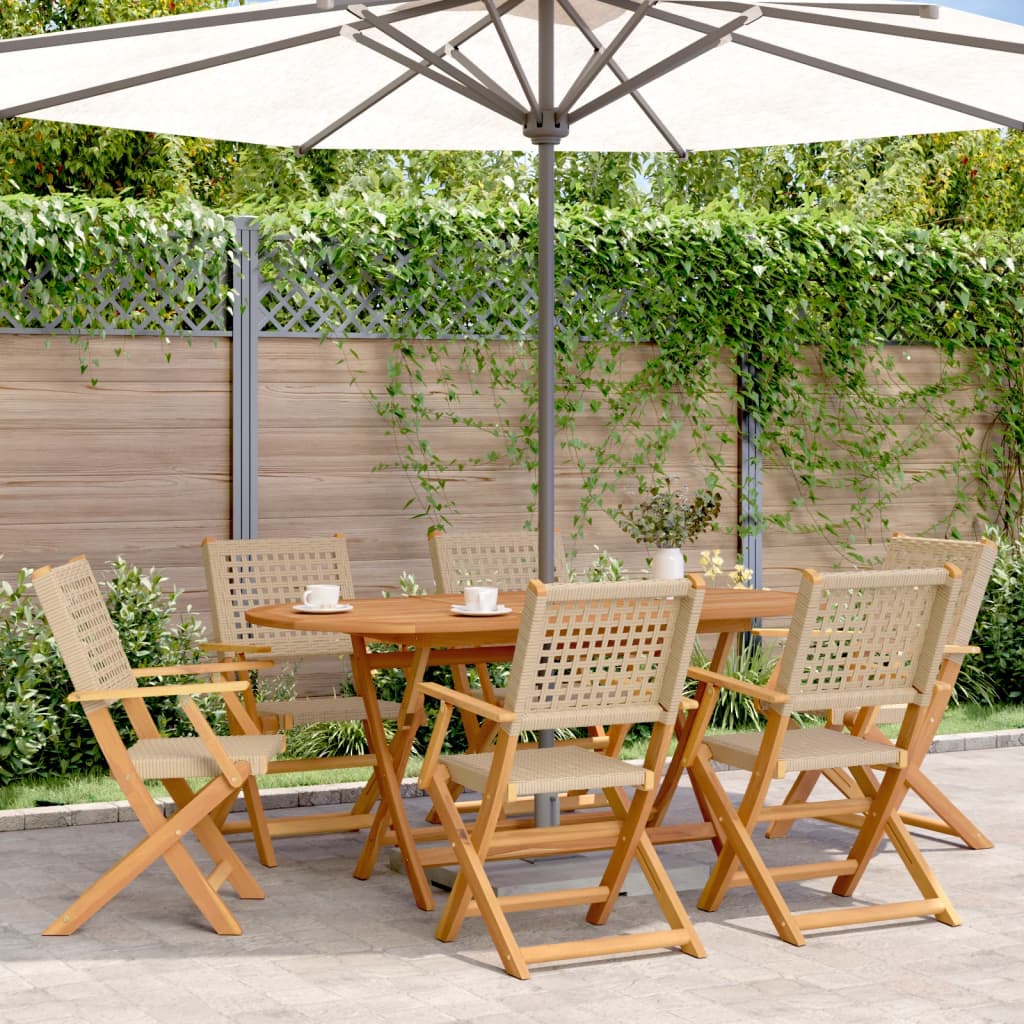 Folding Garden Chairs 6pcs Beige Polyrattan and Solid Wood