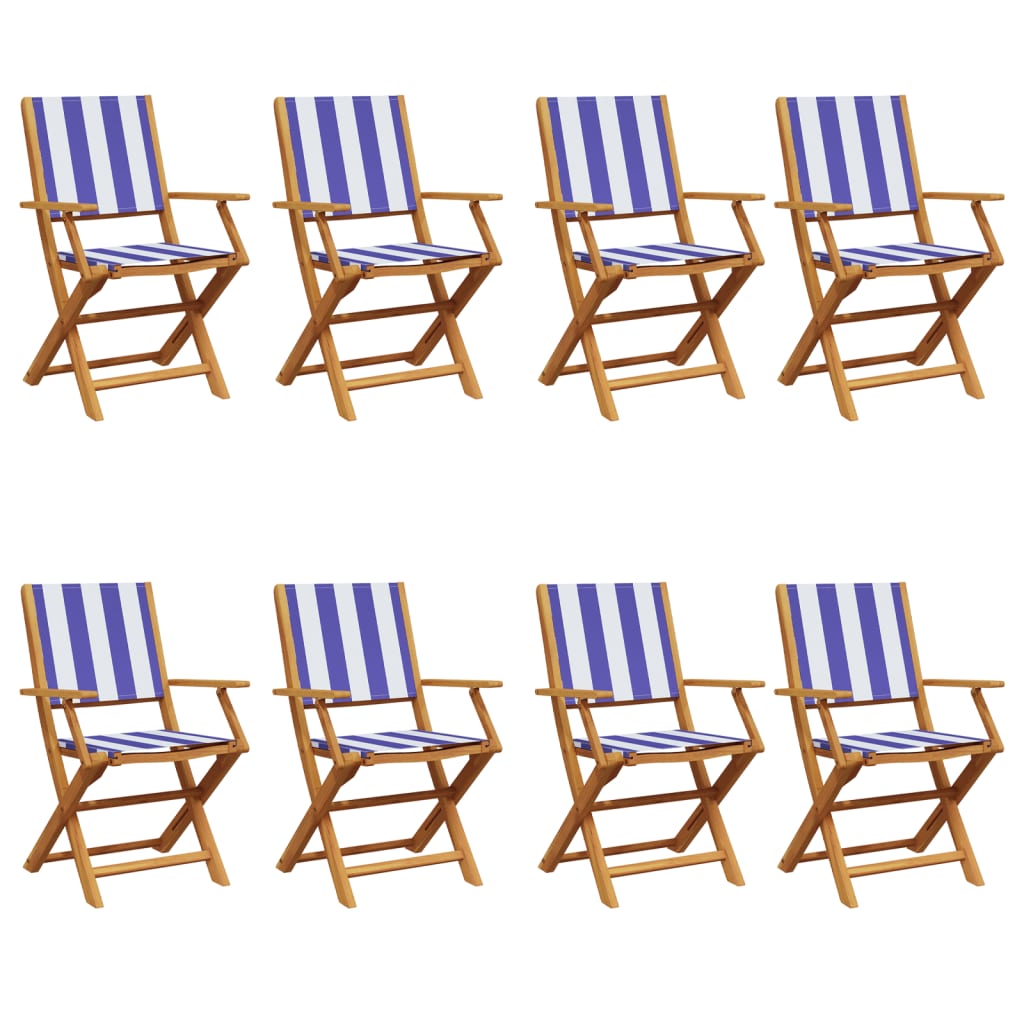 Folding Garden Chairs 8pcs Blue and White Fabric and Wood