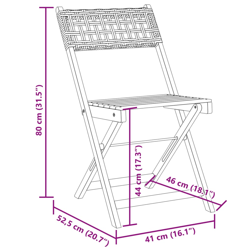 Sedie Giardino Pieghevoli 8pz Nere Polyrattan e Legno Massello