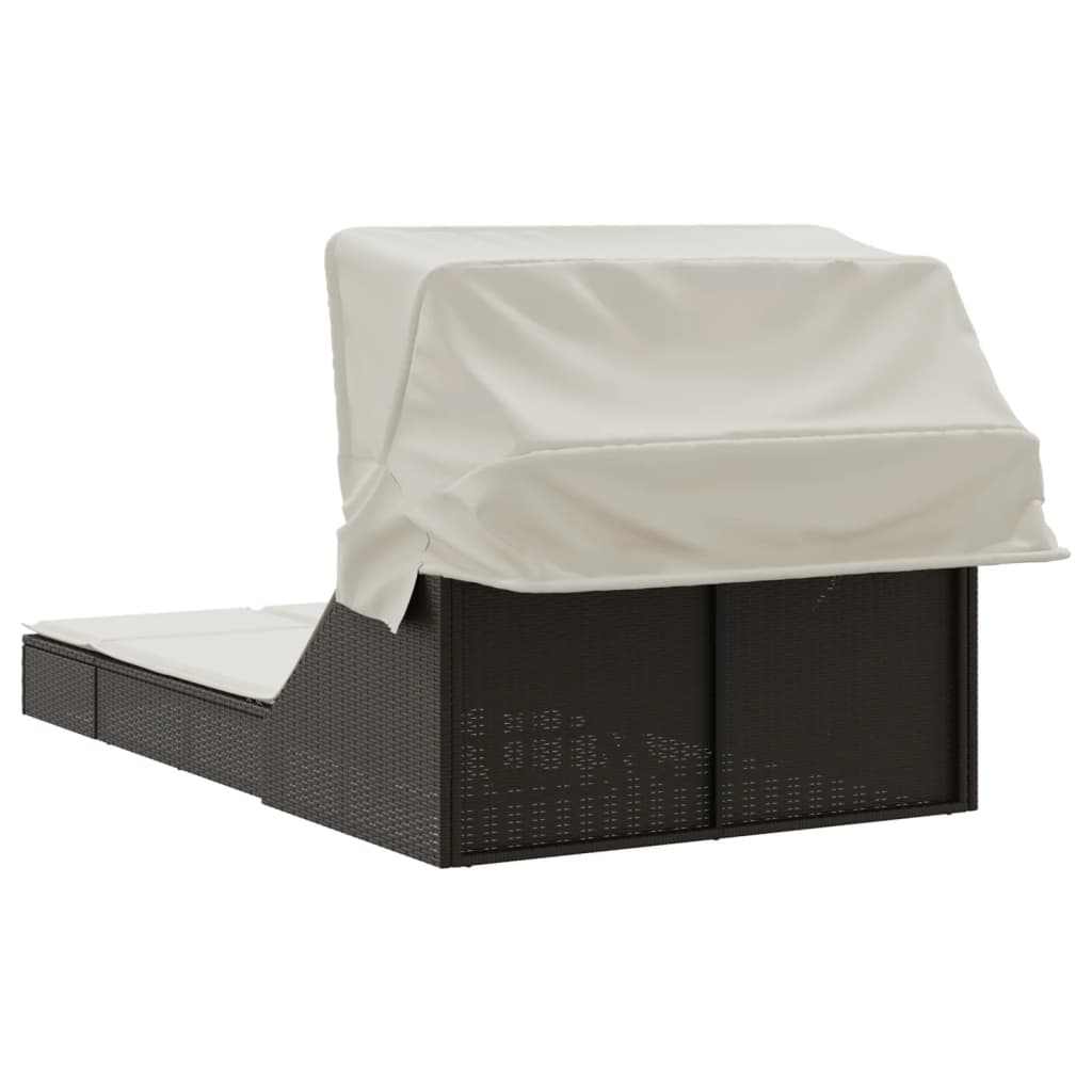 Lettino Doppio con Baldacchino e Cuscini Marrone in Polyrattan - homemem39