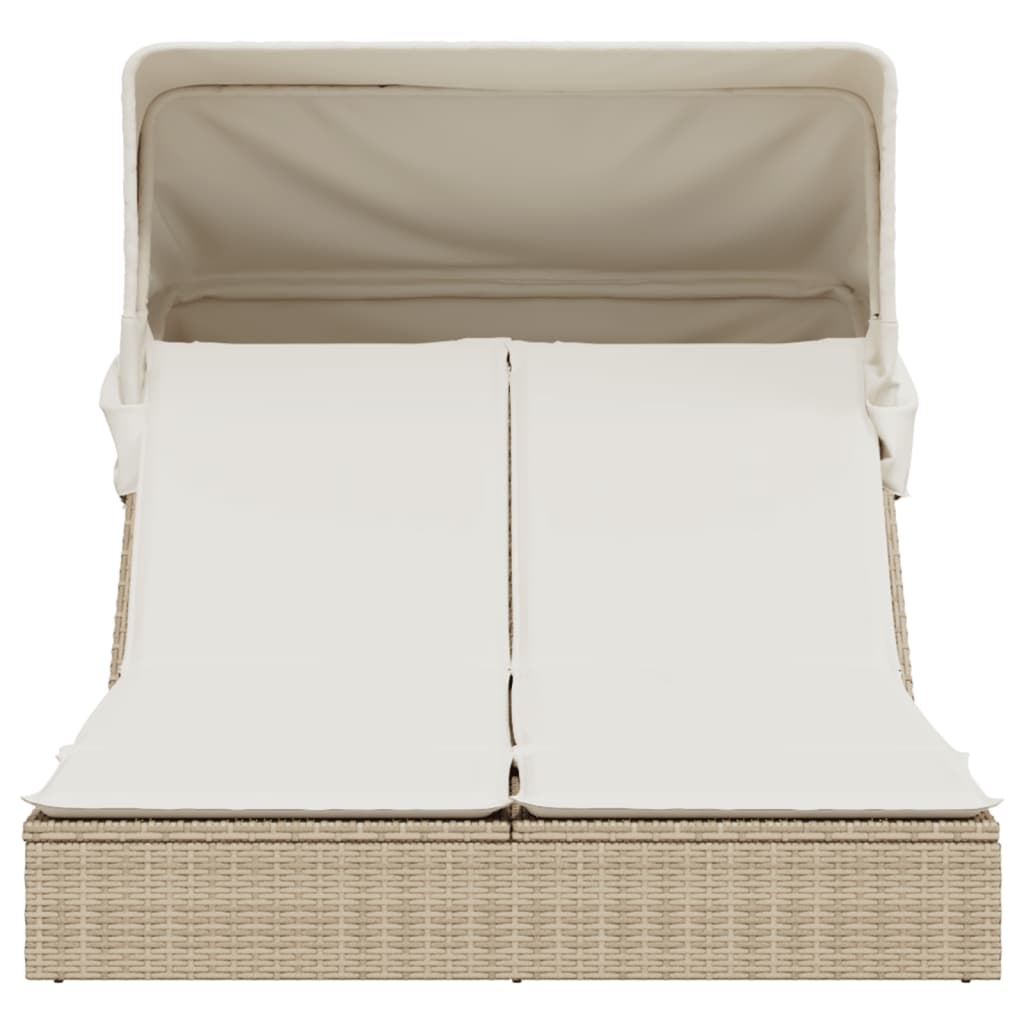 Lettino Doppio con Baldacchino e Cuscini Beige in Polyrattan