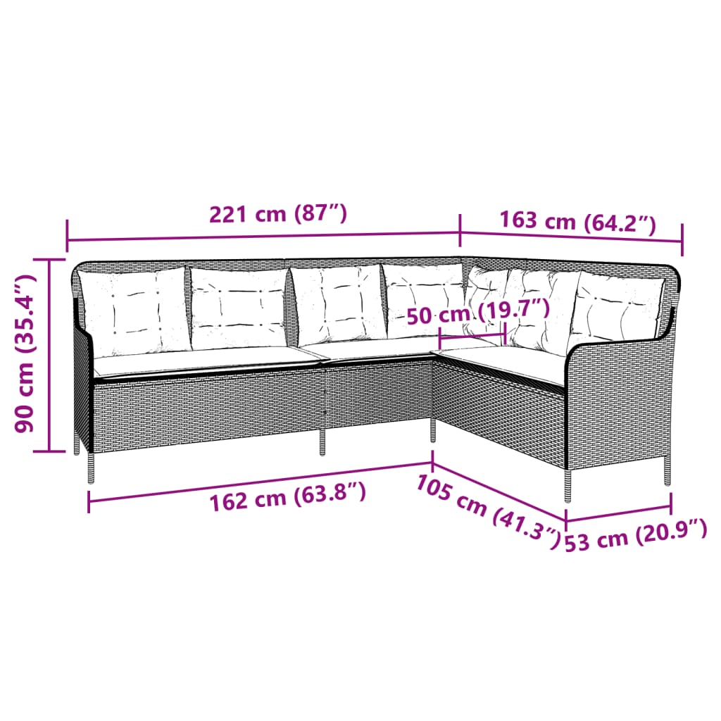 Divano da giardino con Cuscini a forma di L in Polyrattan Nero | homemem39