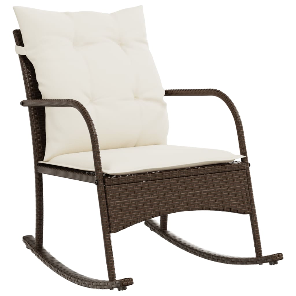 Sedia a Dondolo da Giardino con Cuscini in Polyrattan Marrone