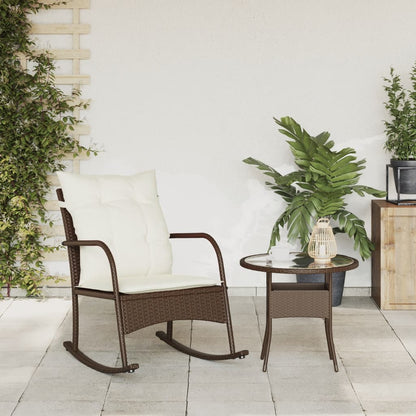 Sedia a Dondolo da Giardino con Cuscini in Polyrattan Marrone