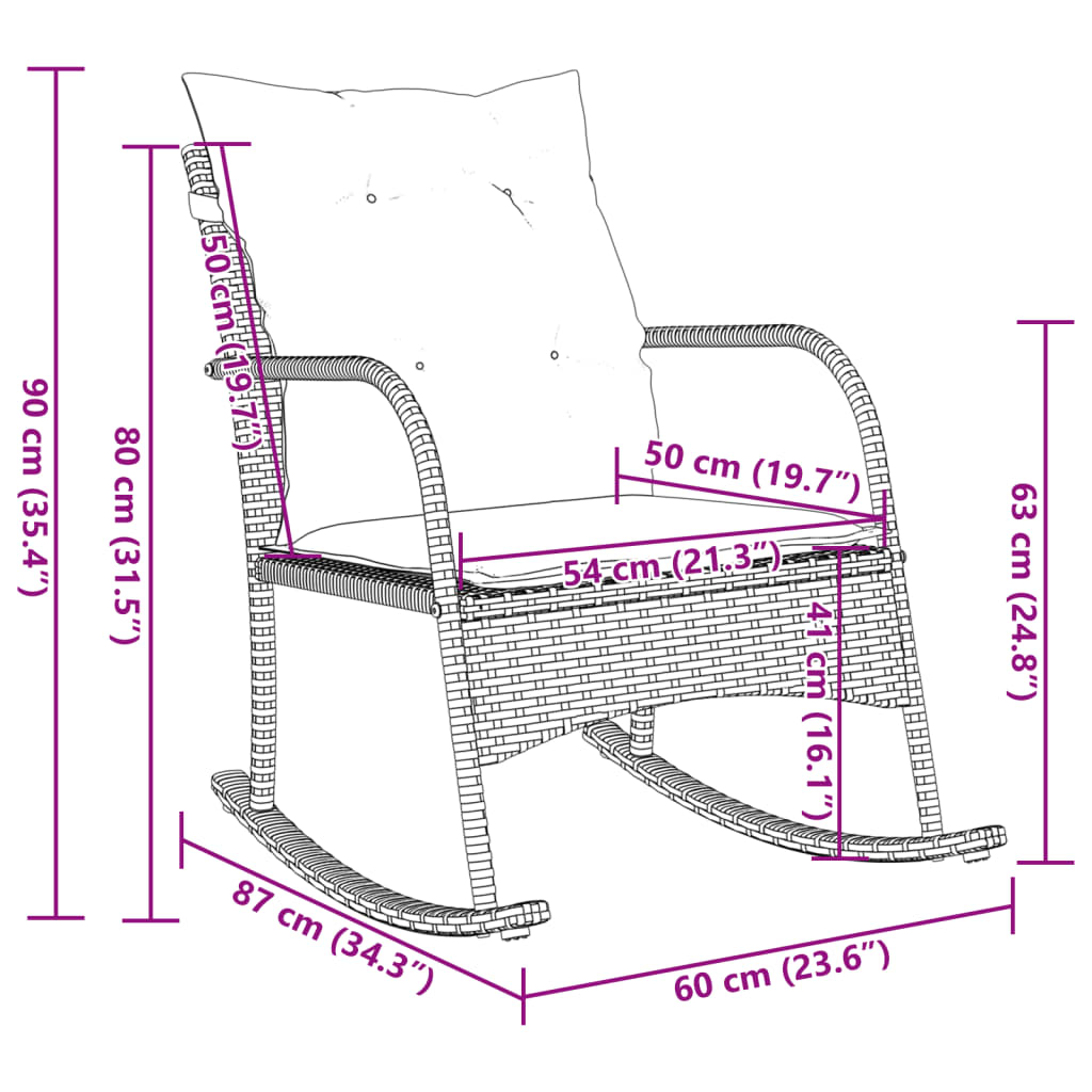 Sedia a Dondolo da Giardino con Cuscini in Polyrattan Marrone