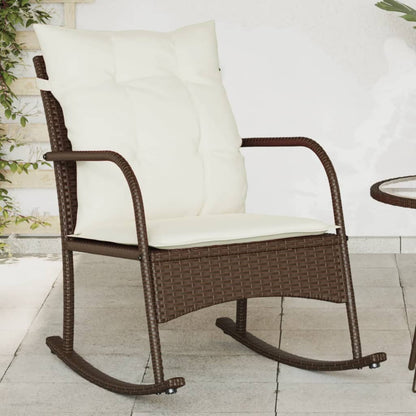 Sedia a Dondolo da Giardino con Cuscini in Polyrattan Marrone