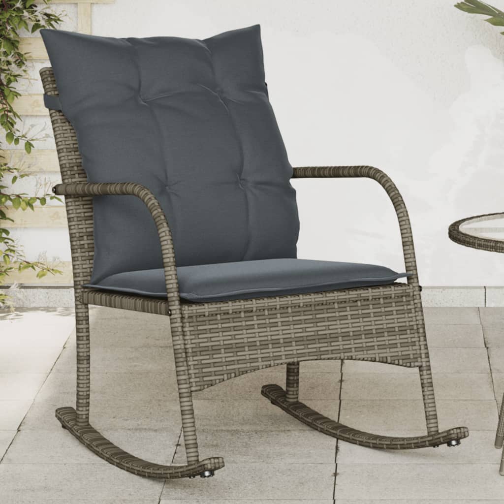 Sedia a Dondolo da Giardino con Cuscini in Polyrattan Grigio